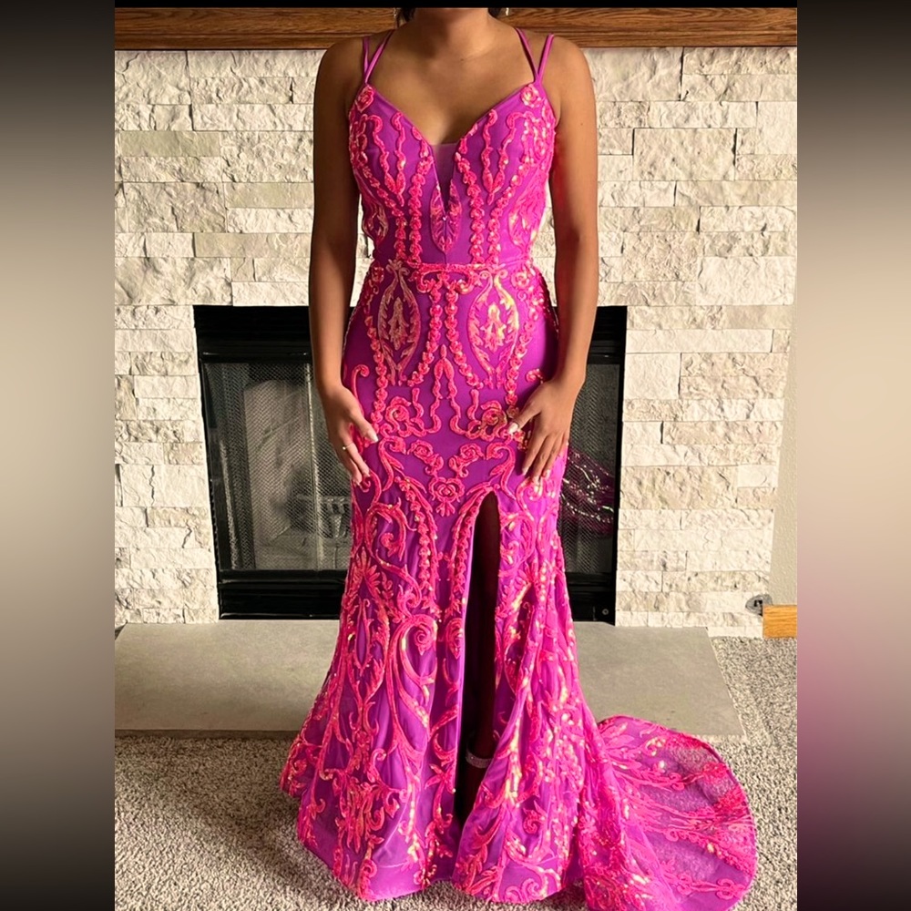 Rachel Allan Hot Pink & Purple Sequined Size 0 Extra Short Prom Dress